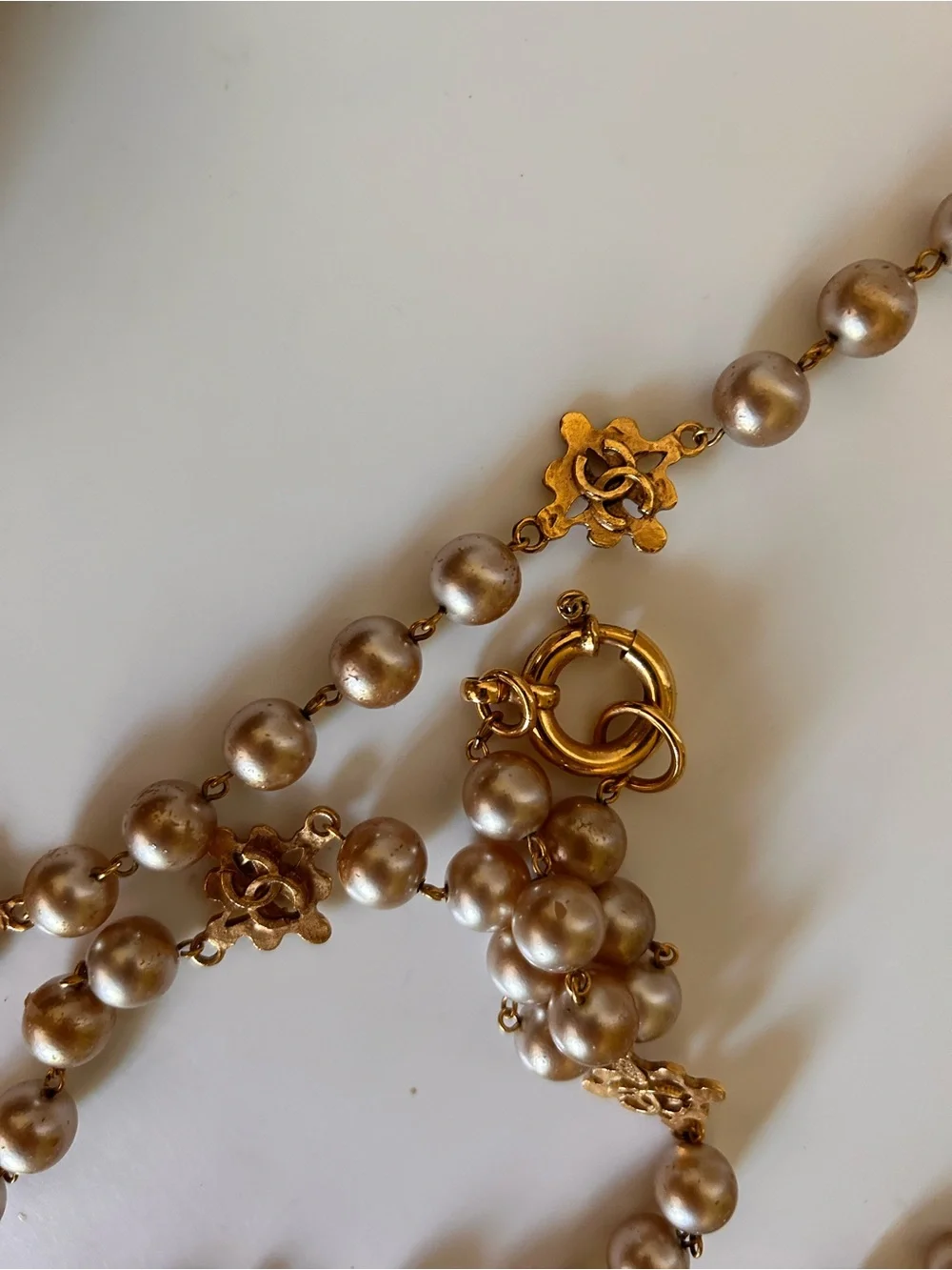 Vintage CHANEL Extra Long Rare Gold and Champagne Pearl CC Monogram Necklace